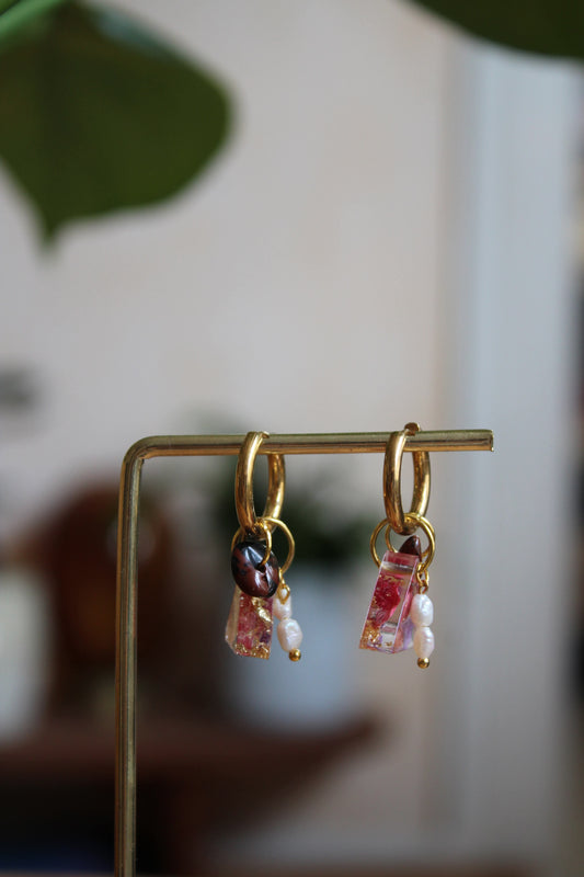 Boucles d’oreilles acier inoxydable, perle d’eau douce et pierre semi-précieuse