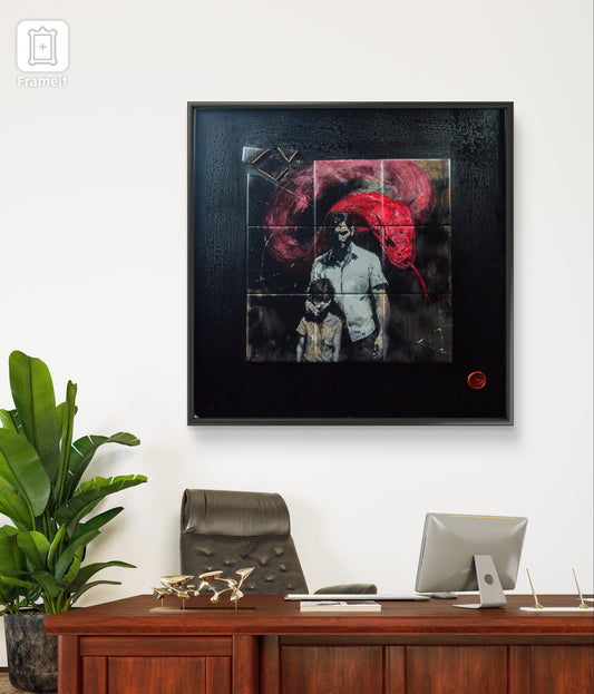 Gravure sur toile artisanale représentant un homme et un chien avec un parasol rouge, œuvre unique encré sur tissu,.