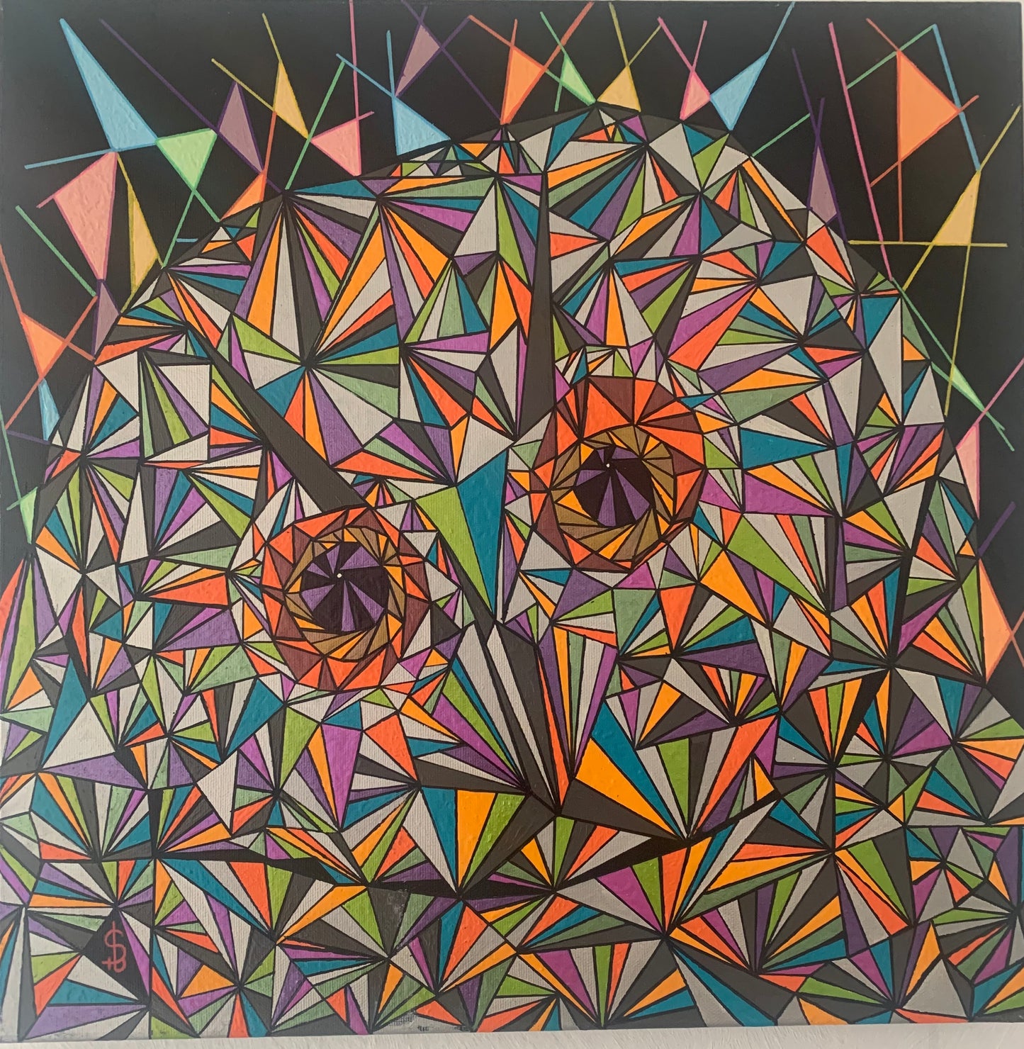 Peinture acrylique géométrique colorée représentant une chouette, création artisanale, œuvre unique en artisanat d'art,.