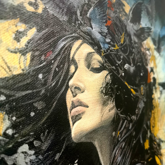Peinture artisanale l’envol montrant un visage féminin entouré d’oiseaux noirs en mouvement, œuvre unique éco-responsable.