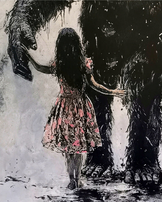 Tableau en noir et blanc représentant un gorille et une petite fille, œuvre unique d'artisanat d'art sur toile, décoration.