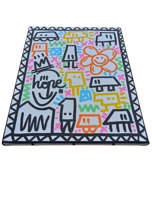 Toile Mr.Hope King Fun couleurs vives et motifs graphiques, œuvre unique d’artisanat d’art, décoration artisanale.