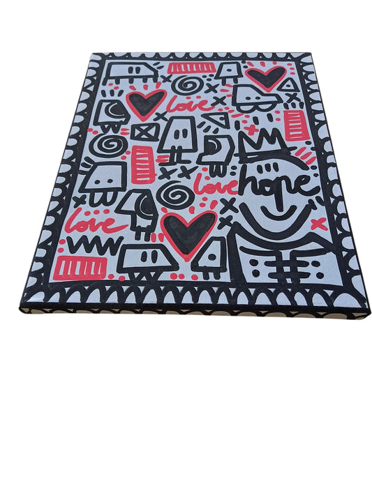 Toile Mr.Hope Love en artisanat d'art, couleurs vives noir et rouge, œuvre unique, décoration artisanale écologique.