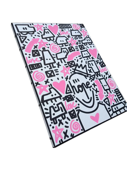 Tableau en création artisanale avec motifs noirs et roses sur fond blanc, œuvre unique d’artisanat d’art écologique.