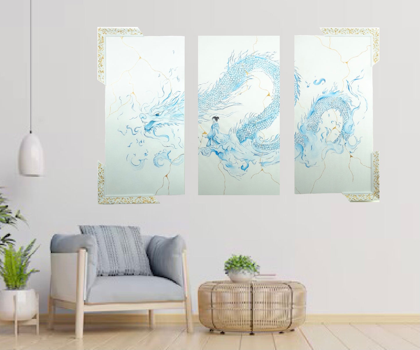 Triptyque mural en verre avec motifs bleus abstraits, déco artisanale éco-responsable, œuvre unique d’artisanat d’art.