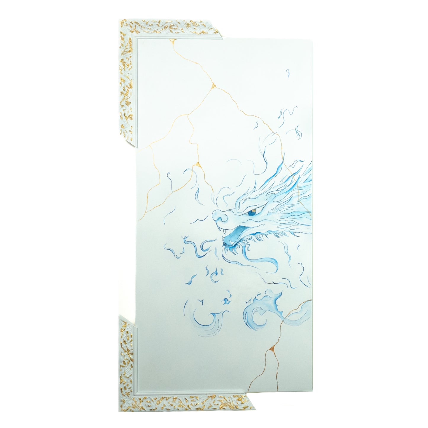 Triptyque mural en verre avec motifs bleus abstraits, déco artisanale éco-responsable, œuvre unique d’artisanat d’art.