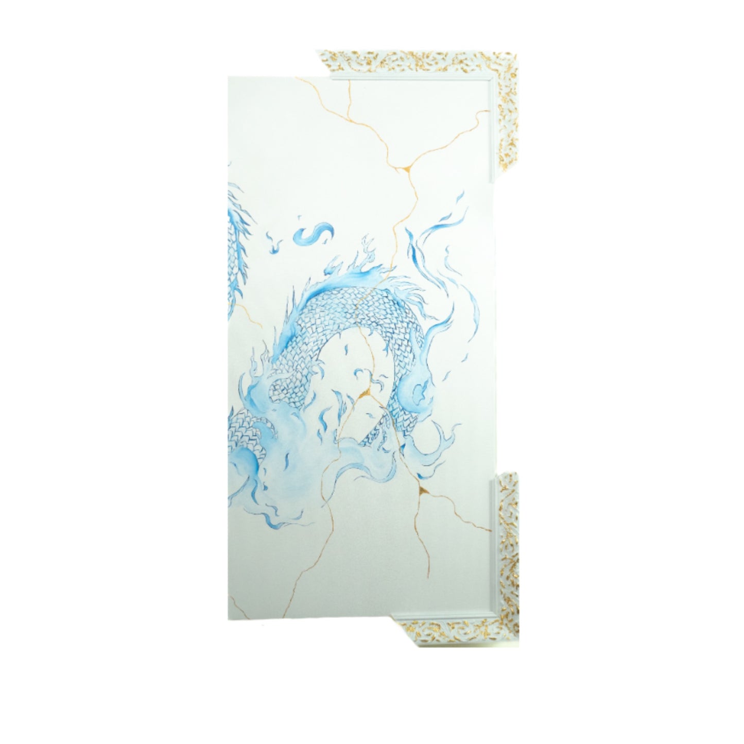 Triptyque mural en verre avec motifs bleus abstraits, déco artisanale éco-responsable, œuvre unique d’artisanat d’art.
