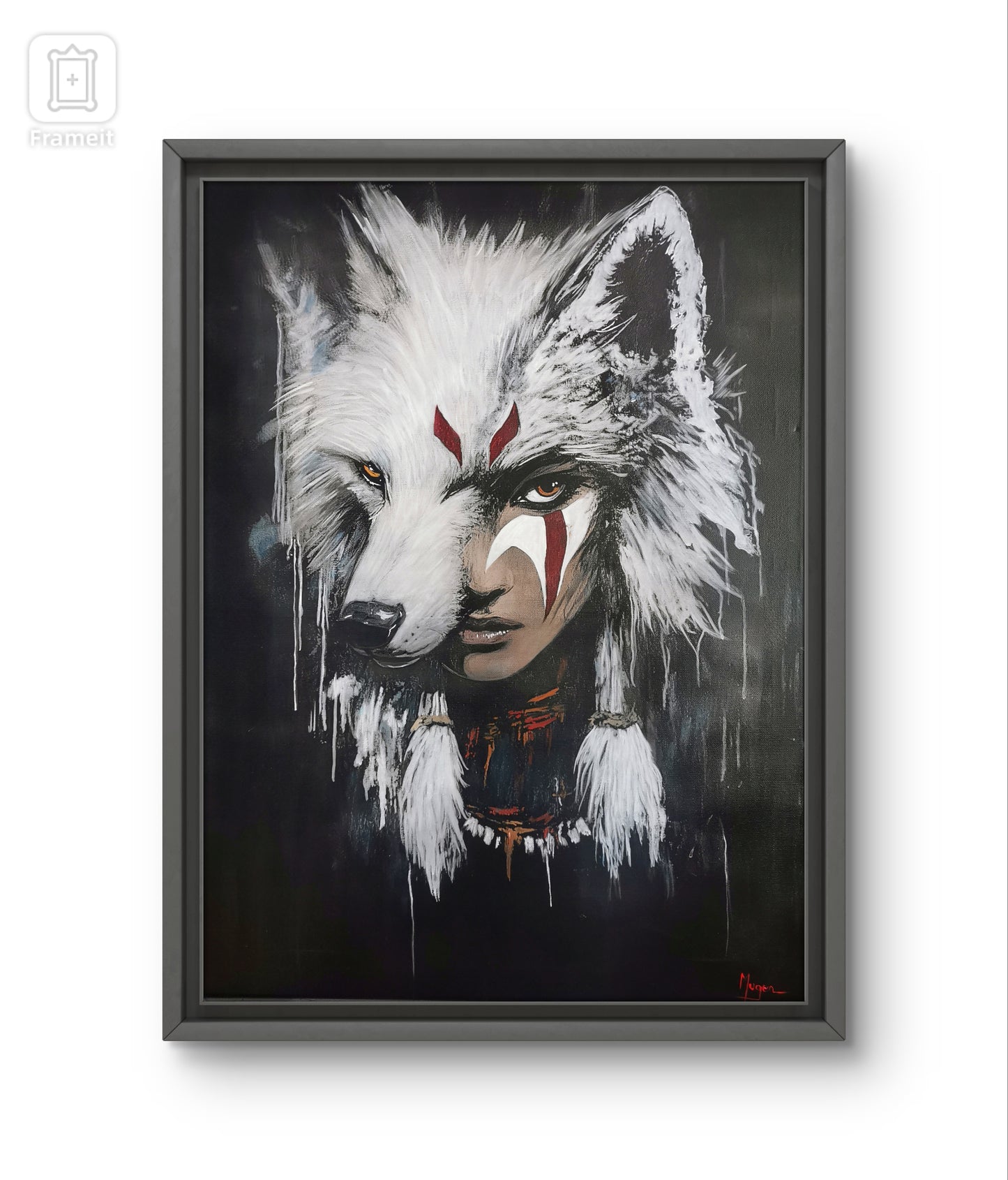 Peinture artisanale représentant un visage humain fusionné avec une tête de loup blanc, œuvre unique en style expressif et.