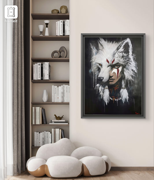 Peinture artisanale représentant un visage humain fusionné avec une tête de loup blanc, œuvre unique en style expressif et.