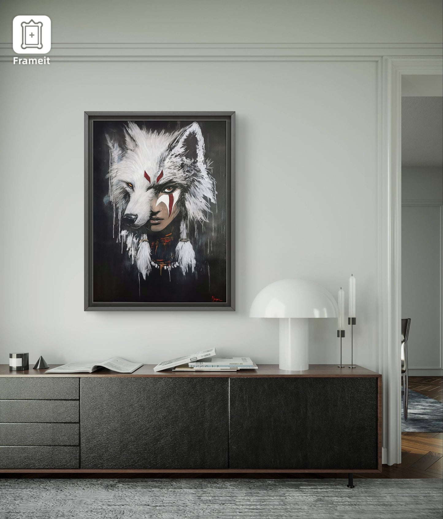 Peinture artisanale représentant un visage humain fusionné avec une tête de loup blanc, œuvre unique en style expressif et.