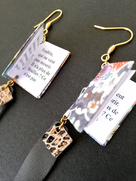 Boucles d’oreilles artisanales en papier imprimé floral, bijoux faits main, œuvre unique éco-responsable.