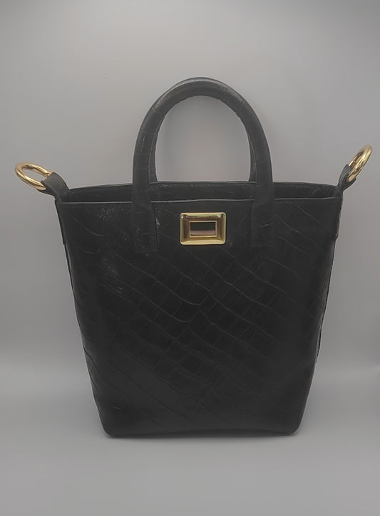 Sac seau en cuir noir embossé effet croco, artisanat d'art, création artisanale unique, produit éco-responsable, bijou fait.