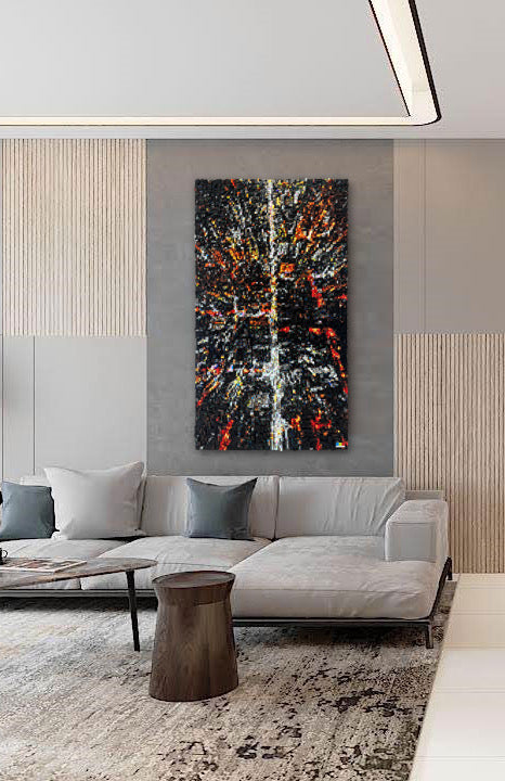 Tableau abstrait en verre coloré gris, rouge et orange, création artisanale unique et éco-responsable.