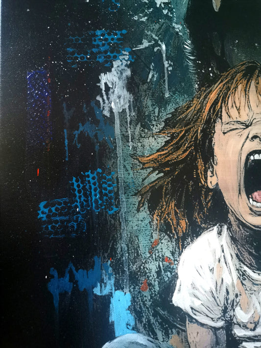 Peinture acrylique artisanale sur toile représentant un enfant criant devant une lionne majestueuse, œuvre unique et.