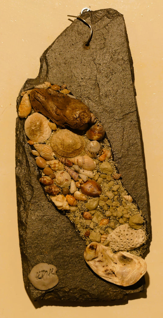 Plaque en ardoise naturelle avec assemblage artisanal de coquillages variés, œuvre unique et décorative, produit.