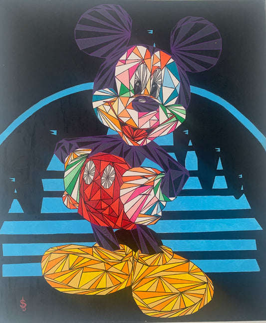 Peinture acrylique artisanale Mickey Mouse colorée en patchwork, décoration artisanale unique, produit éco-responsable.