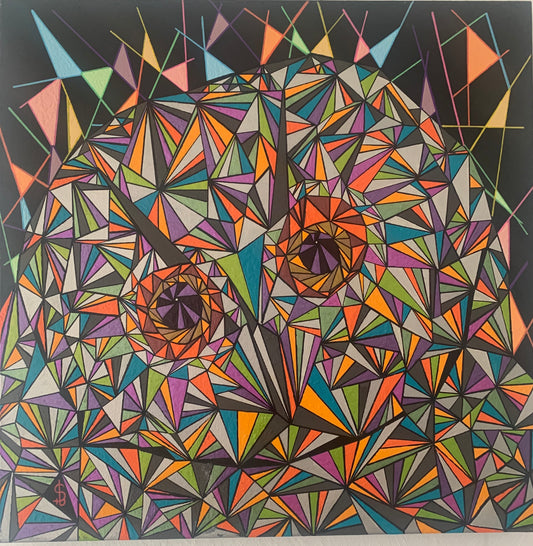 Peinture acrylique géométrique colorée représentant une chouette, création artisanale, œuvre unique en artisanat d'art,.