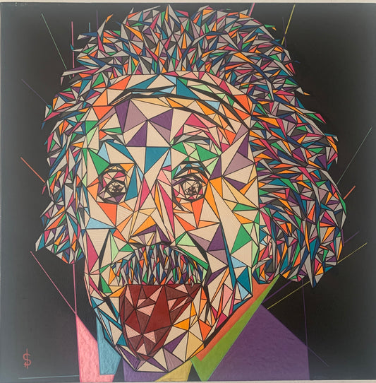 Peinture acrylique artisanale colorée représentant Einstein en style géométrique, œuvre unique et décoration artisanale.