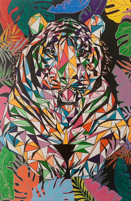 Peinture acrylique artisanale d'art représentant un tigre coloré, œuvre unique et éco-responsable, décoration artisanale.