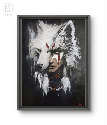 Peinture artisanale représentant un visage humain fusionné avec une tête de loup blanc, œuvre unique en style expressif et.