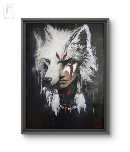 Peinture artisanale représentant un visage humain fusionné avec une tête de loup blanc, œuvre unique en style expressif et.