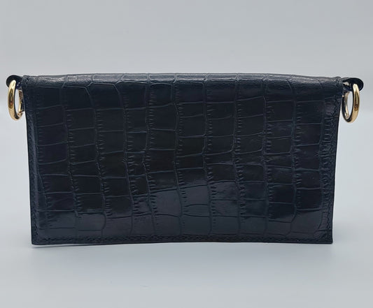 Portefeuille en cuir noir effet croco, création artisanale, oeuvre unique, produit éco-responsable, bijou fait main.