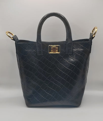 Sac seau en cuir noir embossé effet croco, artisanat d'art, création artisanale unique, produit éco-responsable, bijou fait.