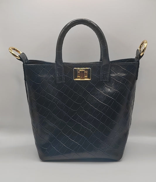 Sac seau en cuir noir embossé effet croco, artisanat d'art, création artisanale unique, produit éco-responsable, bijou fait.
