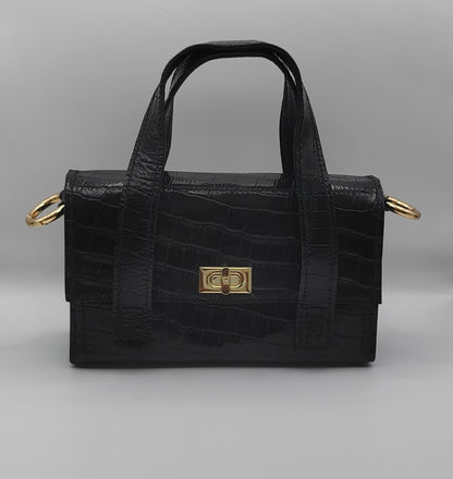 Sac à main en cuir noir effet croco, artisanat d'art, bijou fait main, produit éco-responsable, création artisanale unique.