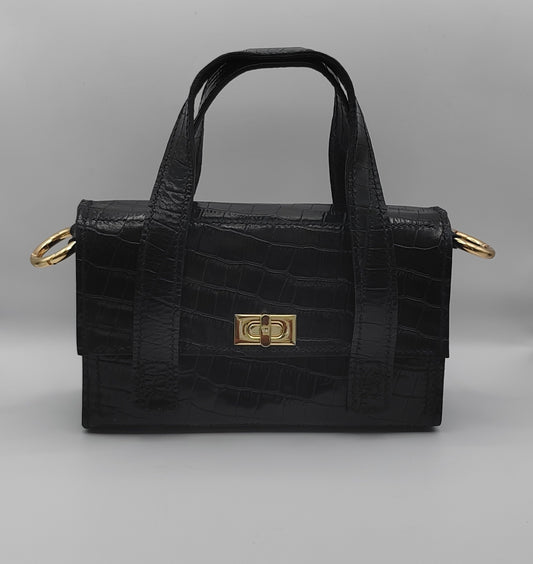 Sac à main en cuir noir effet croco, artisanat d'art, bijou fait main, produit éco-responsable, création artisanale unique.