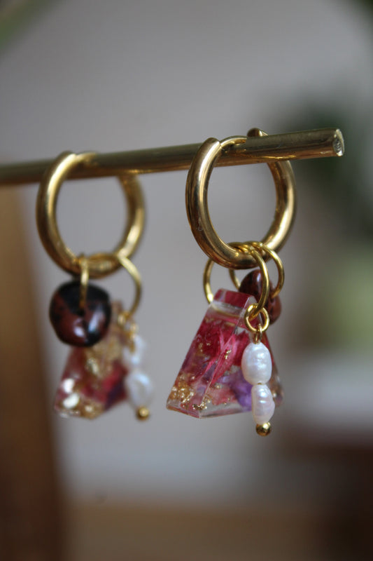 Boucles d’oreilles acier inoxydable, perle d’eau douce et pierre semi-précieuse